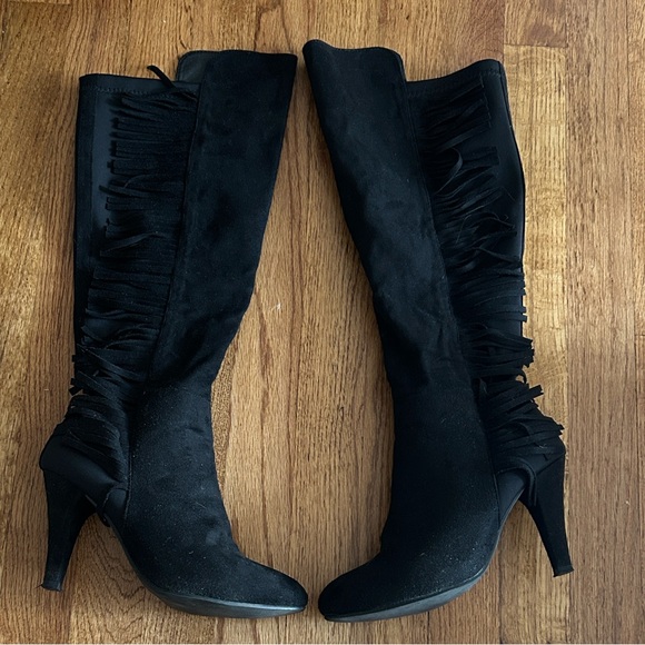 Dixie Black Suede Fringe Knee-High Boots 6.5 - Picture 1 of 7